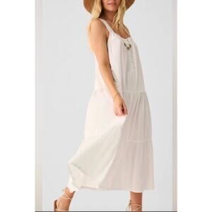 FAHERTY Marina Midi Dress Seersucker White XS Tiered Ruffles Sundress Organic